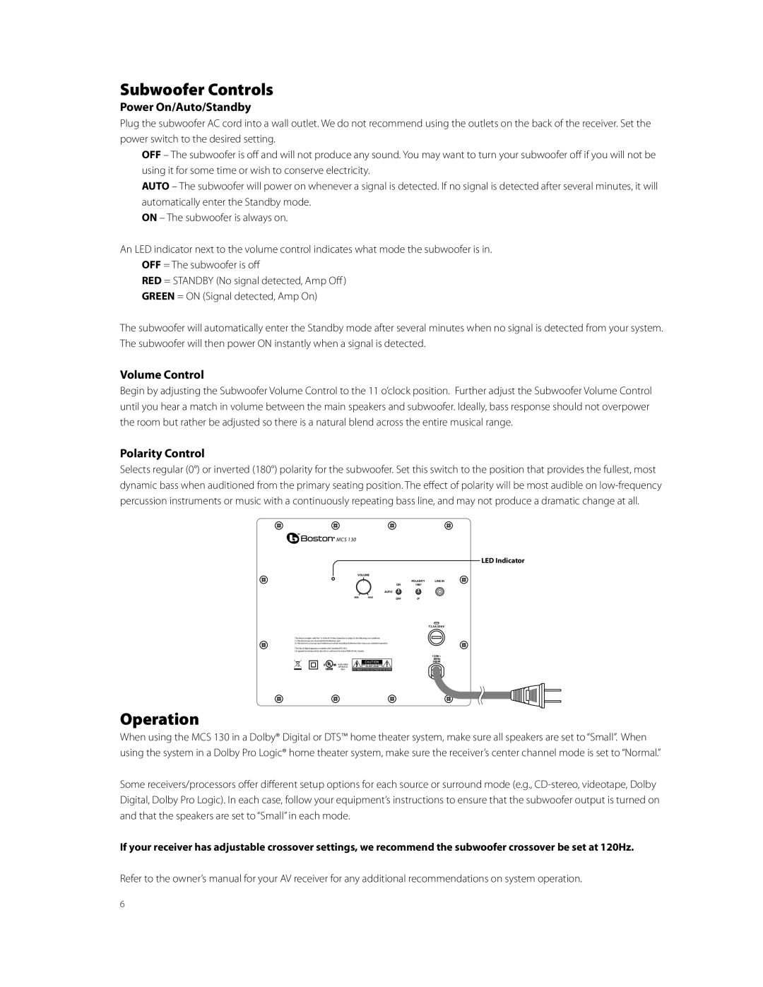 Boston Acoustics MCS 130 Subwoofer Controls, Operation, Power On/Auto/Standby, Volume Control, Polarity Control 