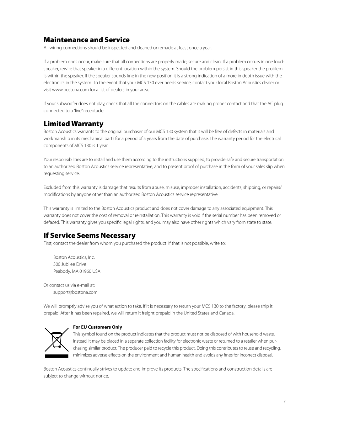 Boston Acoustics MCS 130 Maintenance and Service, Limited Warranty, If Service Seems Necessary, For EU Customers Only 