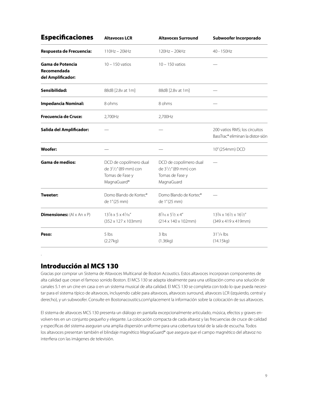 Boston Acoustics MCS 130 owner manual Especificaciones, Introducción al MCS 