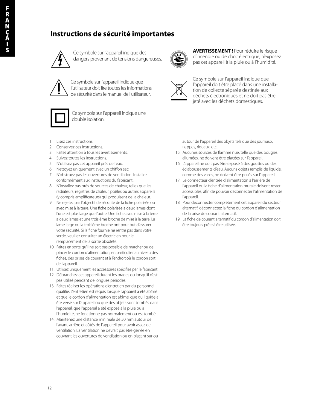 Boston Acoustics MCS 160 Instructions de sécurité importantes, Ce symbole sur l’appareil indique une double isolation 