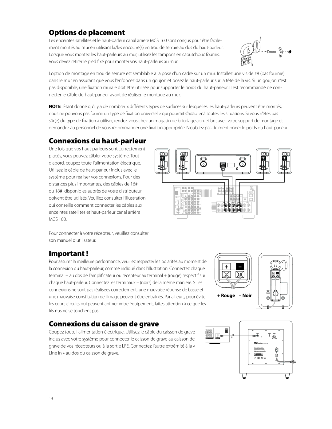 Boston Acoustics MCS 160 Options de placement, Connexions du haut-parleur, Connexions du caisson de grave, + Rouge Noir 