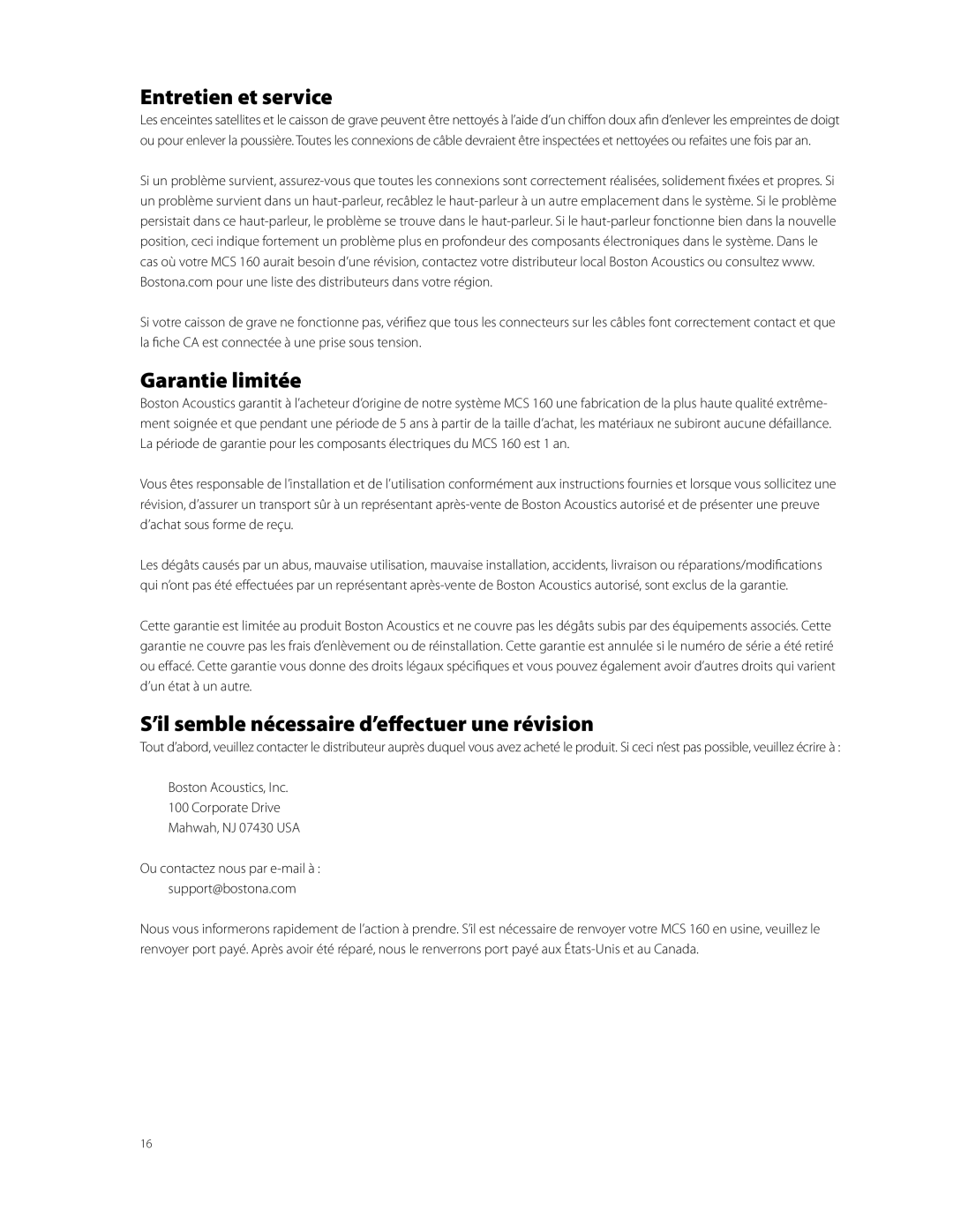 Boston Acoustics MCS 160 Entretien et service, Garantie limitée, ’il semble nécessaire d’effectuer une révision 