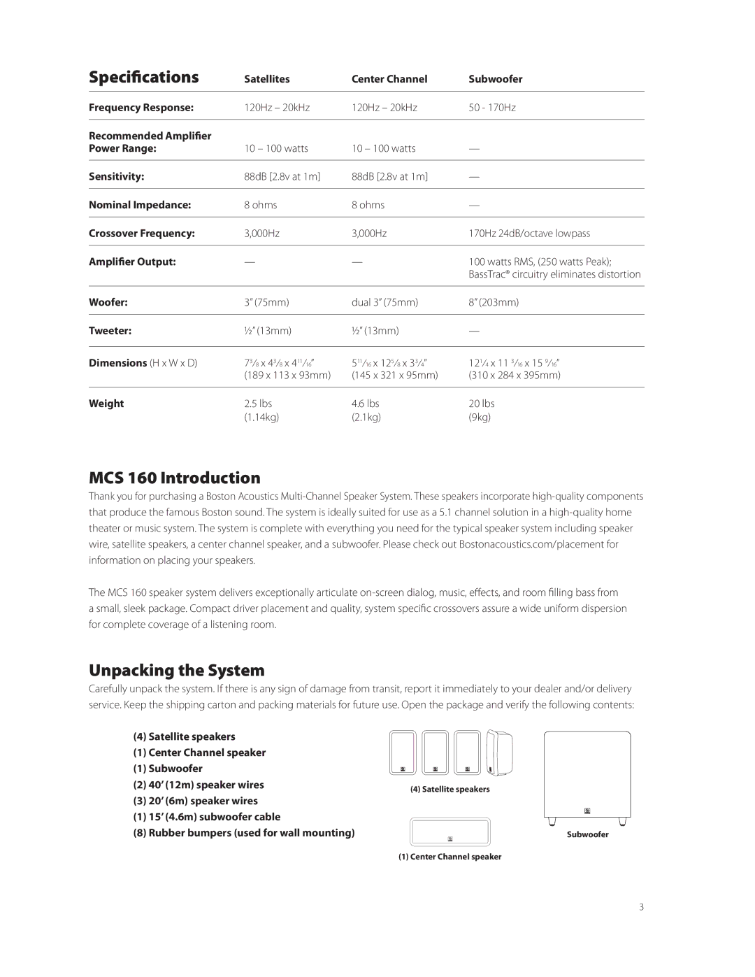 Boston Acoustics owner manual Specifications, MCS 160 Introduction, Unpacking the System 