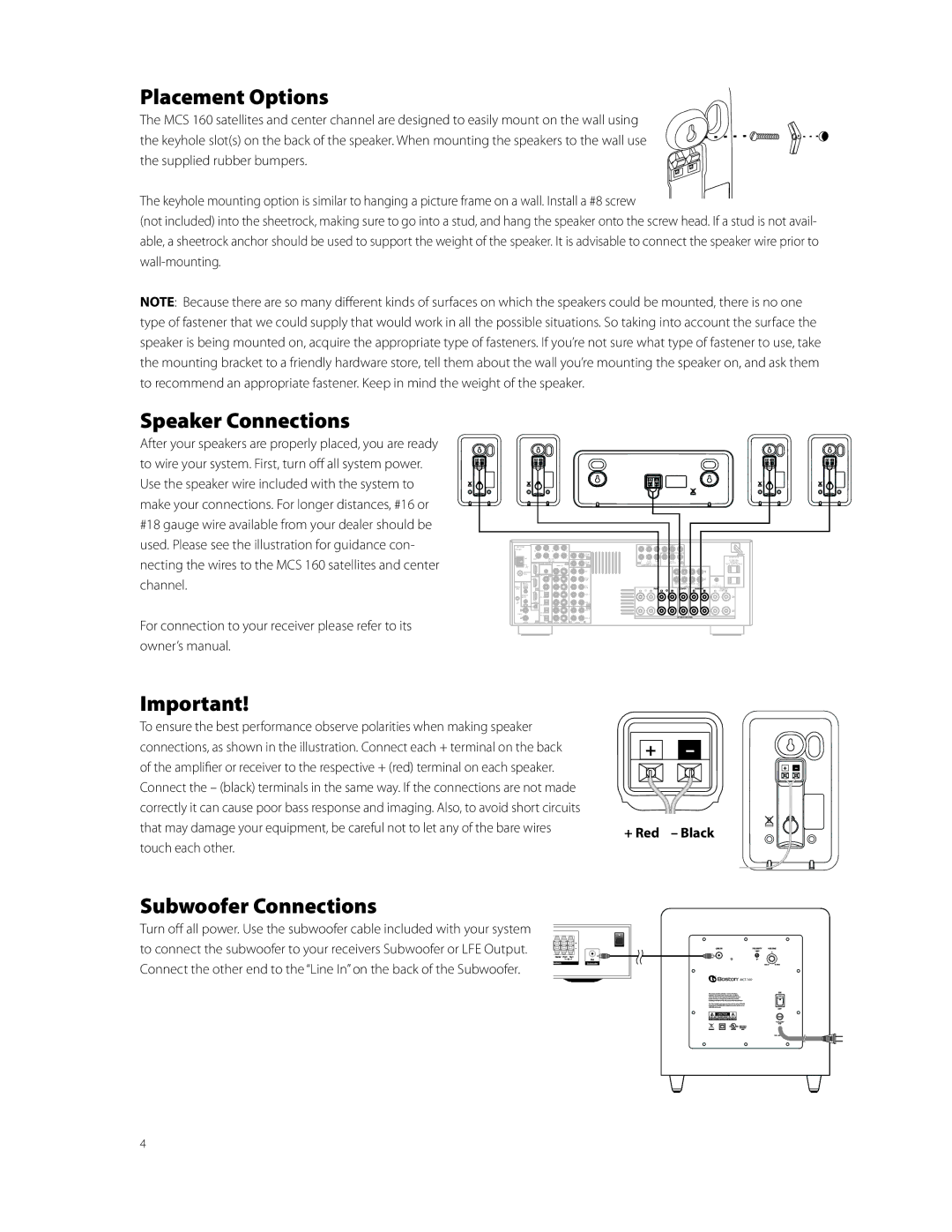 Boston Acoustics MCS 160 owner manual Placement Options, Speaker Connections, Subwoofer Connections, + Red Black 