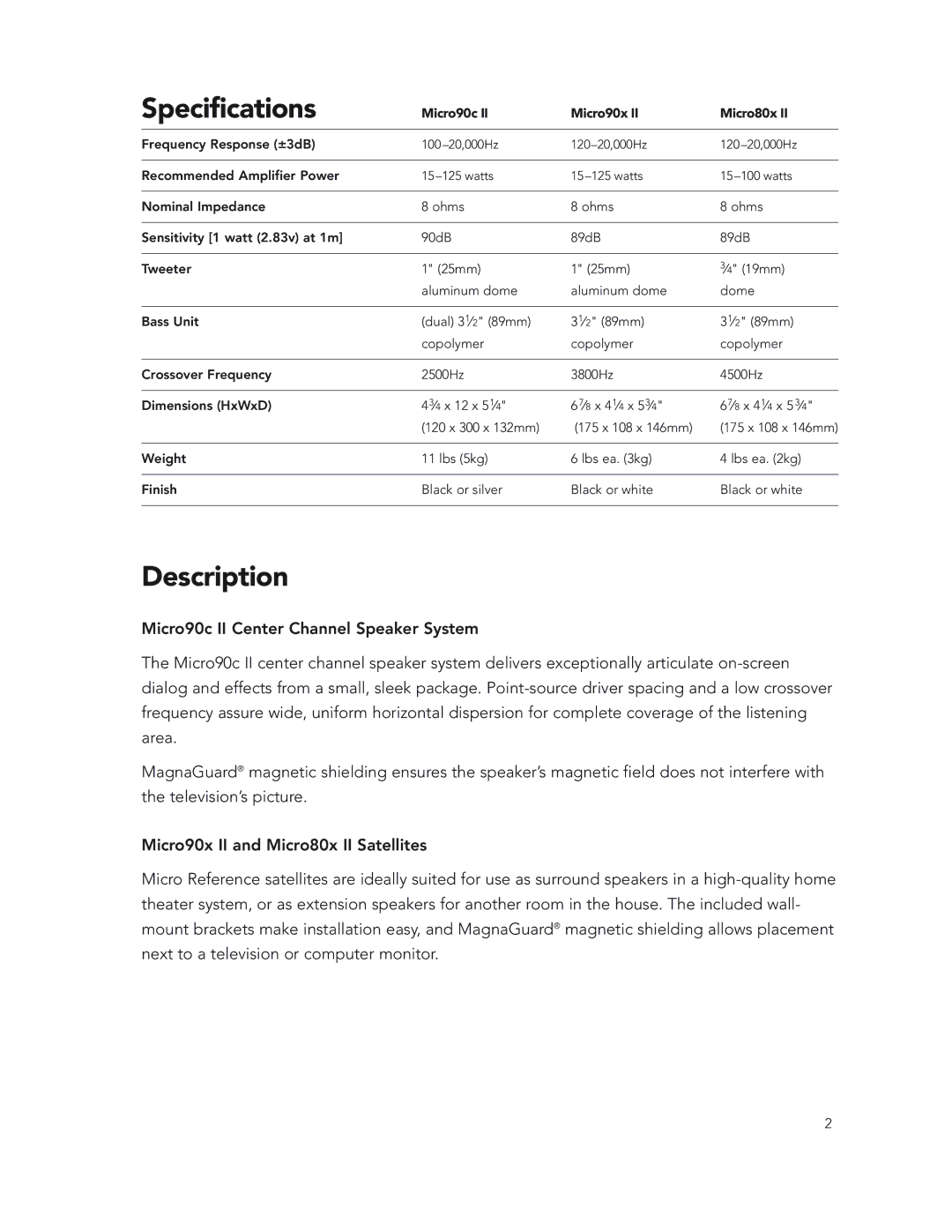 Boston Acoustics Micro80x II, Micro90x II, Micro90c II manual Specifications, Description 