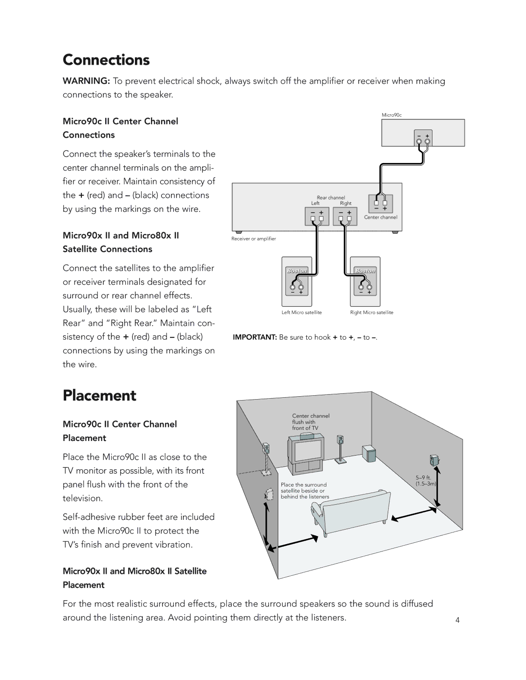Boston Acoustics Micro90c II, Micro90x II, Micro80x II manual Connections, Placement 