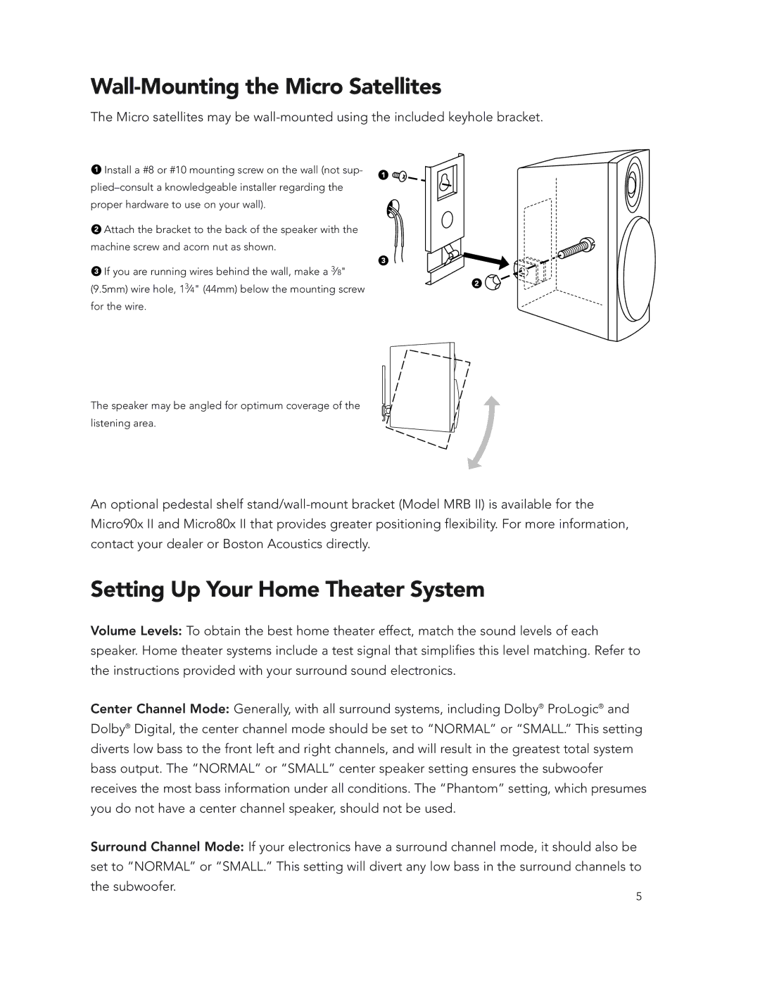 Boston Acoustics Micro80x II, Micro90x II manual Wall-Mounting the Micro Satellites, Setting Up Your Home Theater System 