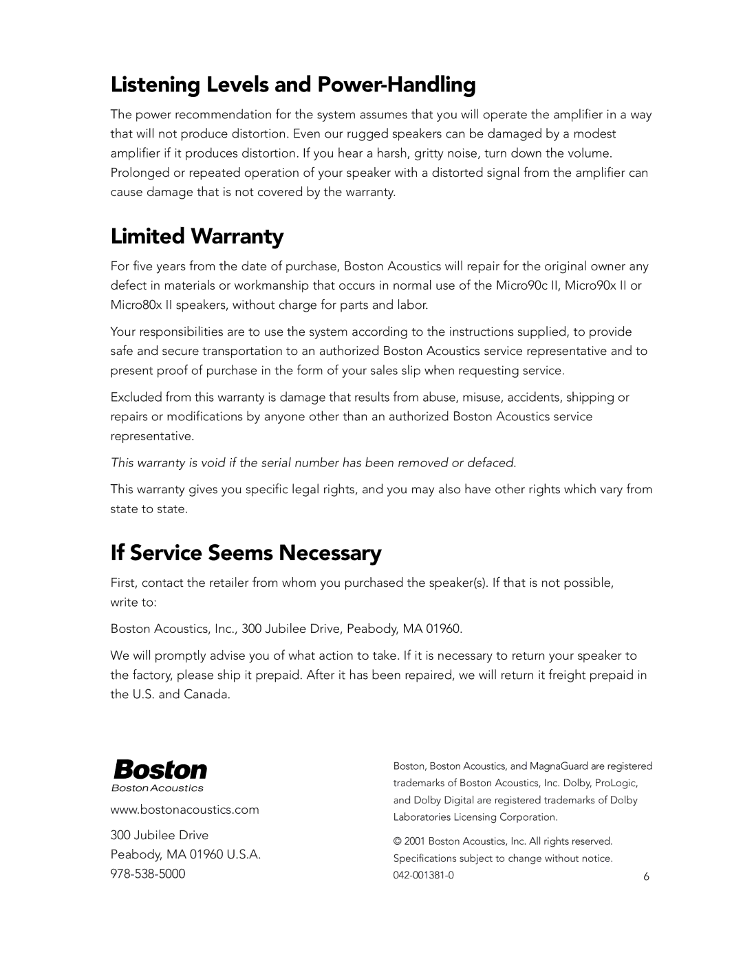 Boston Acoustics Micro90x II manual Listening Levels and Power-Handling, Limited Warranty, If Service Seems Necessary 