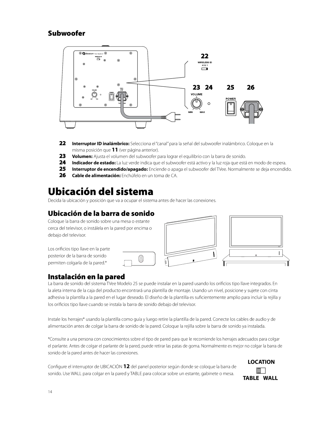 Boston Acoustics Model 25 quick start Ubicación del sistema, Ubicación de la barra de sonido, Instalación en la pared 