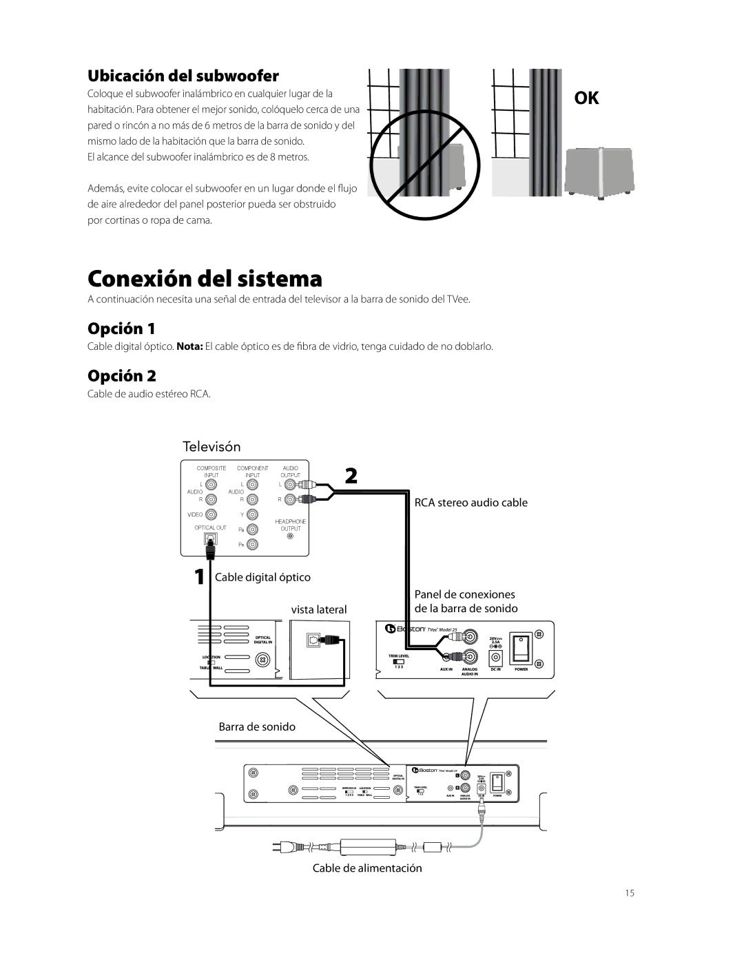 Boston Acoustics Model 25 quick start Conexión del sistema, Ubicación del subwoofer, Opción 