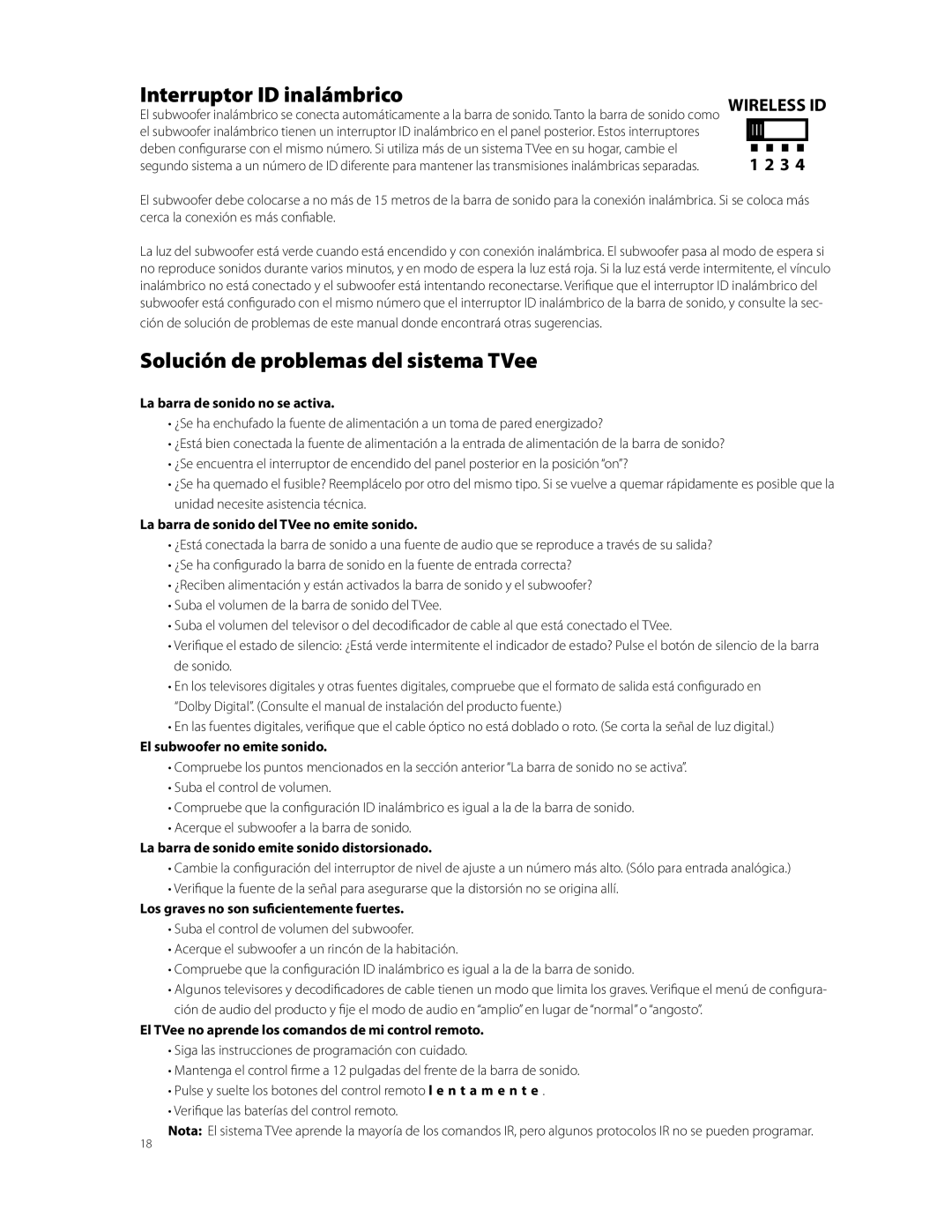 Boston Acoustics Model 25 quick start Interruptor ID inalámbrico, Solución de problemas del sistema TVee 