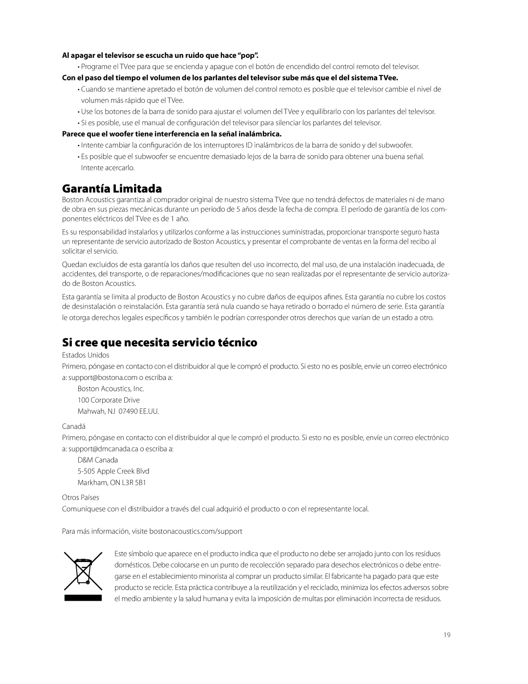 Boston Acoustics Model 25 quick start Garantía Limitada, Si cree que necesita servicio técnico 