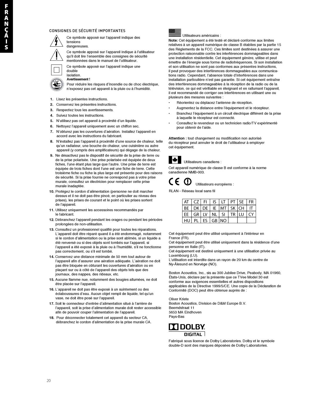 Boston Acoustics Model 25 quick start Consignes DE Sécurité Importantes 