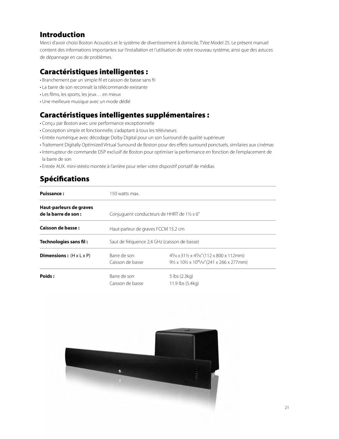 Boston Acoustics Model 25 quick start Caractéristiques intelligentes supplémentaires, Spécifications 