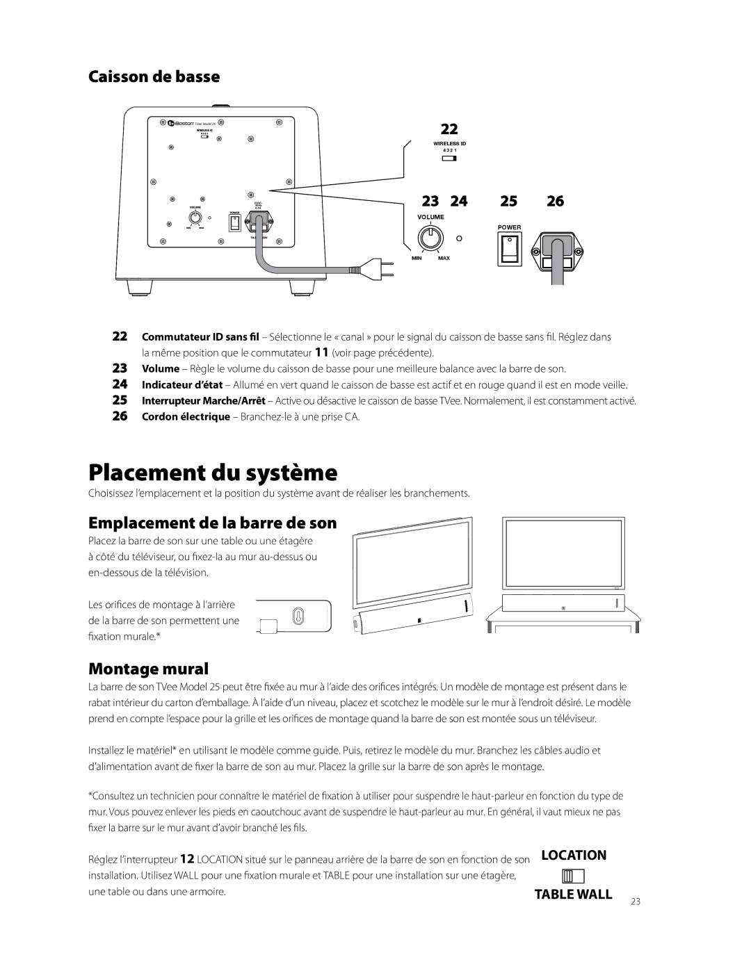 Boston Acoustics Model 25 quick start Placement du système, Caisson de basse, Emplacement de la barre de son, Montage mural 