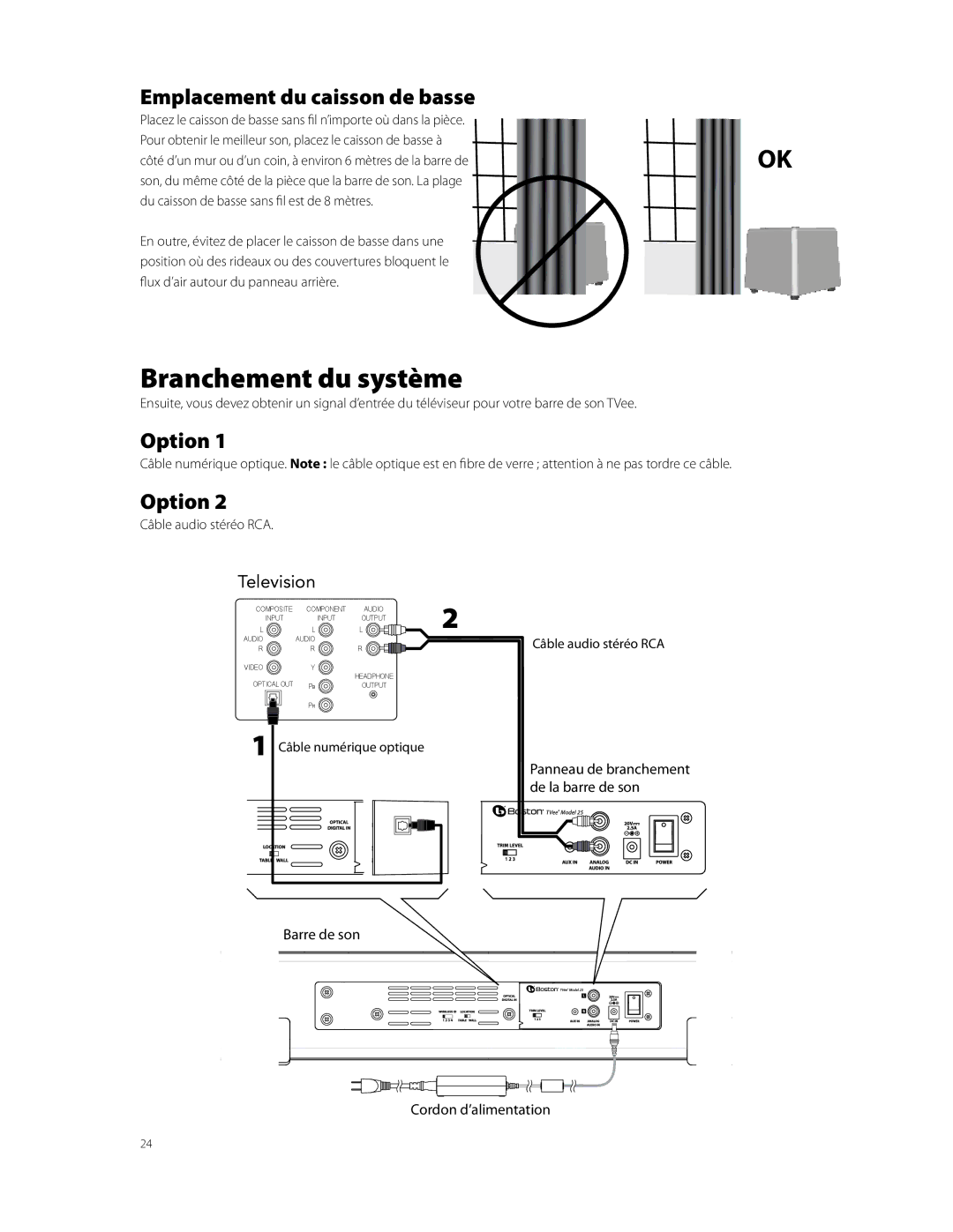 Boston Acoustics Model 25 quick start Branchement du système, Emplacement du caisson de basse 