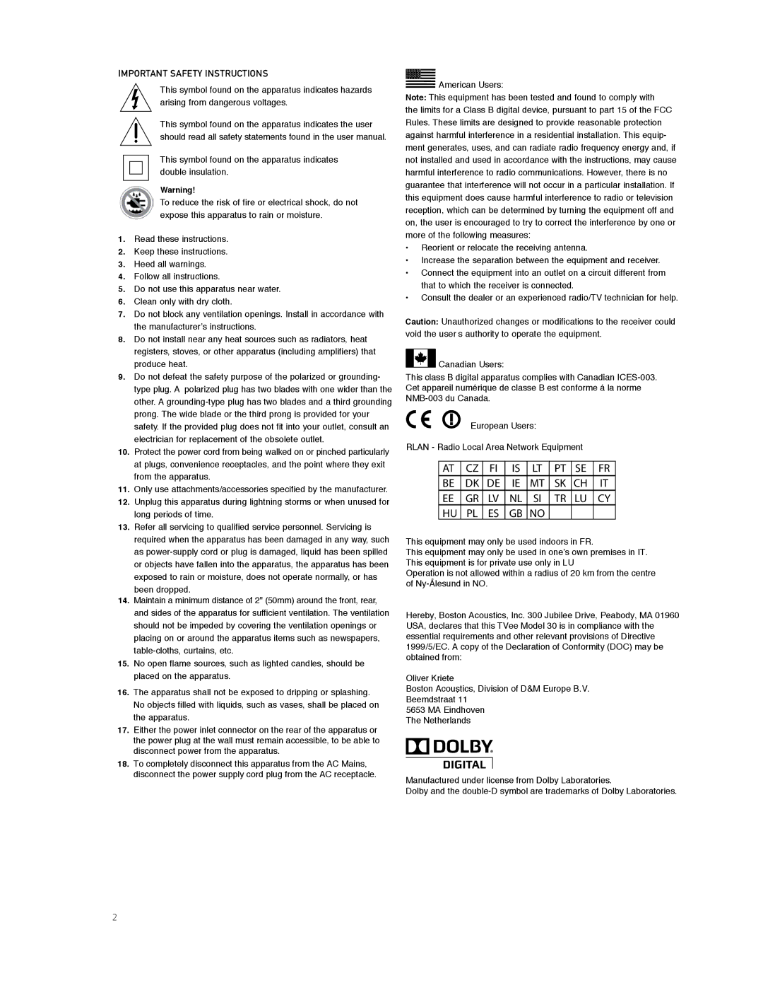 Boston Acoustics Model 25 quick start Important Safety Instructions 