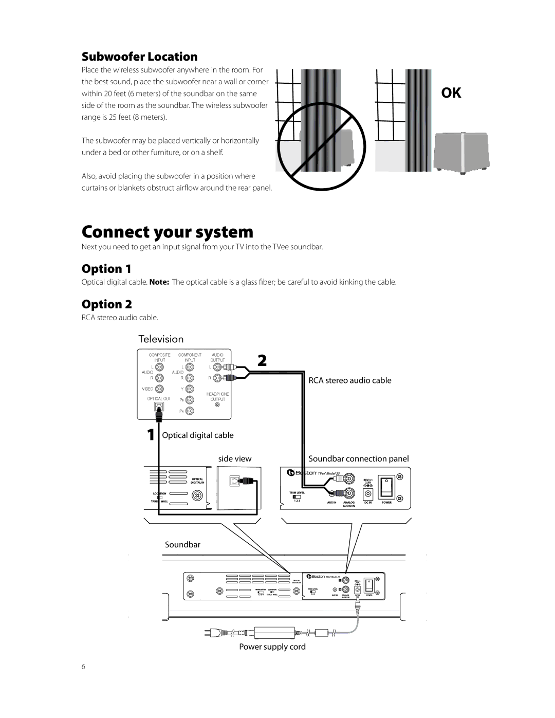 Boston Acoustics Model 25 quick start Connect your system, Subwoofer Location, Option 