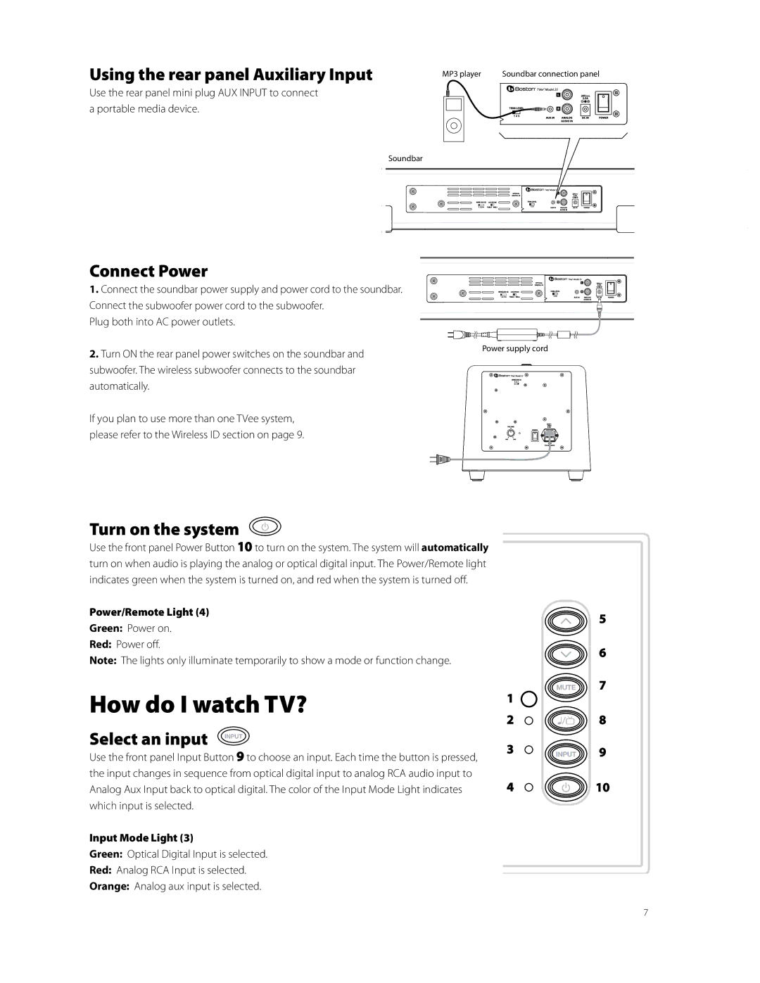 Boston Acoustics Model 25 How do I watch TV?, Using the rear panel Auxiliary Input, Connect Power, Turn on the system 