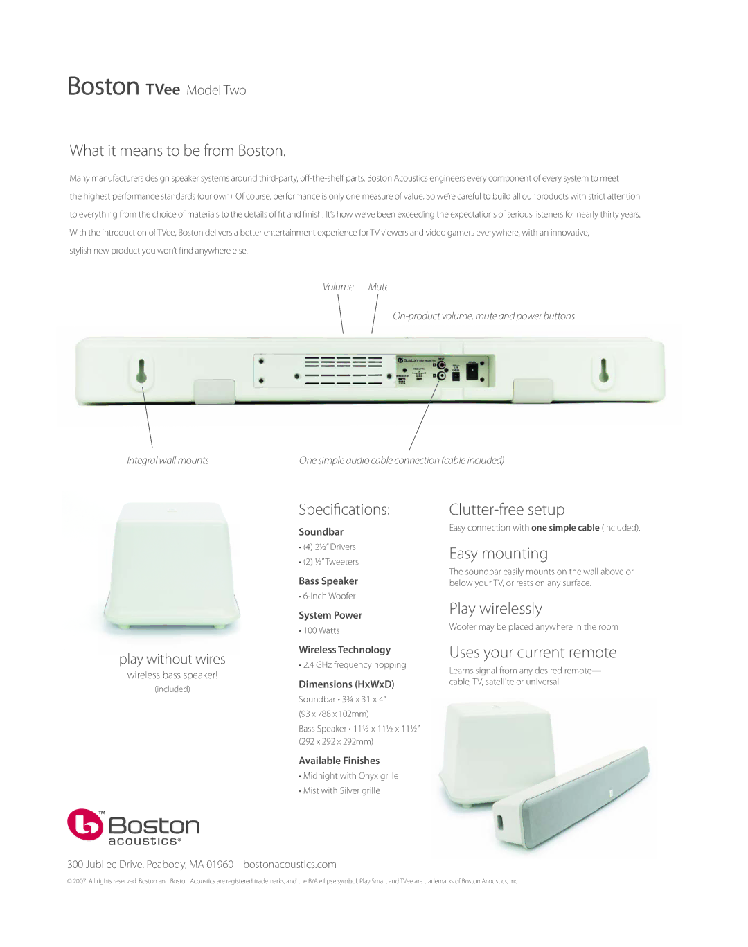 Boston Acoustics Model Two manual What it means to be from Boston, Clutter-free setup, Easy mounting, Play wirelessly 