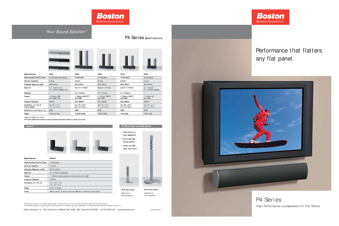 Boston Acoustics specifications Performance that flatters any flat panel, P4 Series, Your Sound Solution, Bravo, P400 