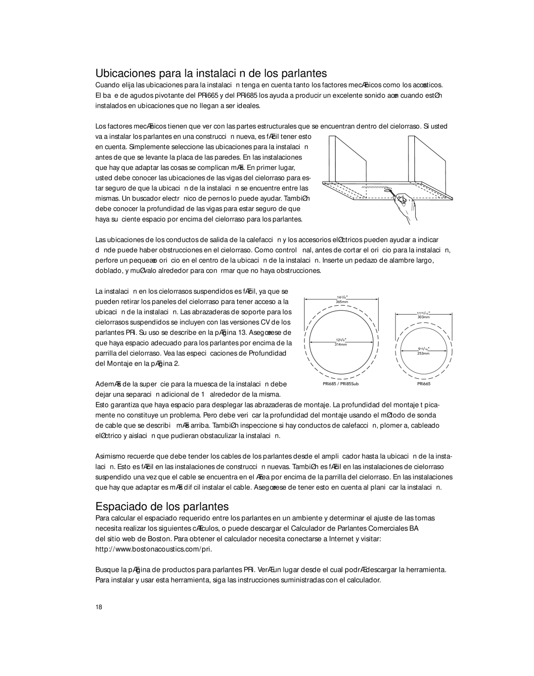 Boston Acoustics PRI85SUBCV, PRI685CV Ubicaciones para la instalación de los parlantes, Espaciado de los parlantes 