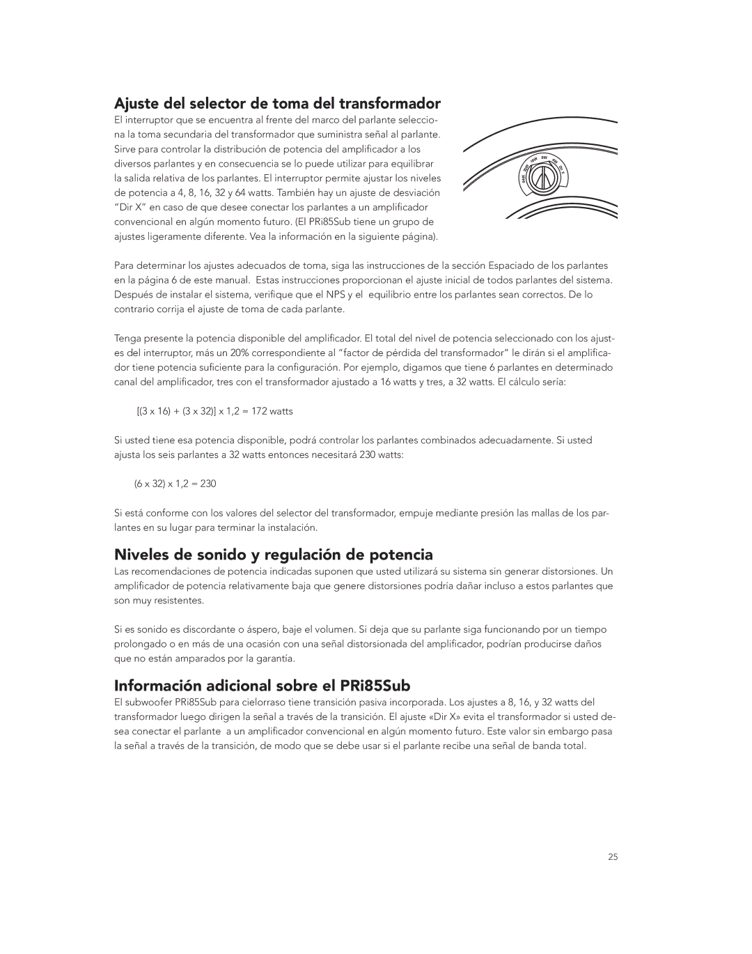 Boston Acoustics PRI685CV Ajuste del selector de toma del transformador, Niveles de sonido y regulación de potencia 