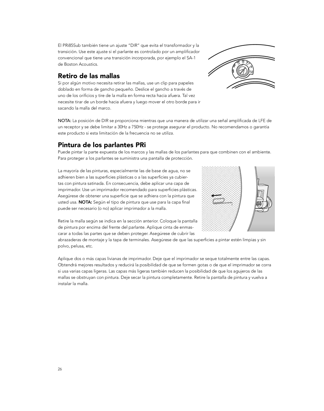 Boston Acoustics PRI665CV, PRI85SUBCV, PRI685CV owner manual Retiro de las mallas, Pintura de los parlantes PRi 