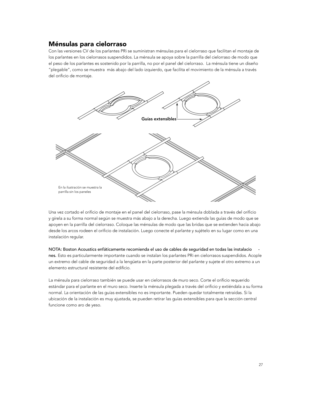 Boston Acoustics PRI85SUBCV, PRI685CV, PRI665CV owner manual Ménsulas para cielorraso 