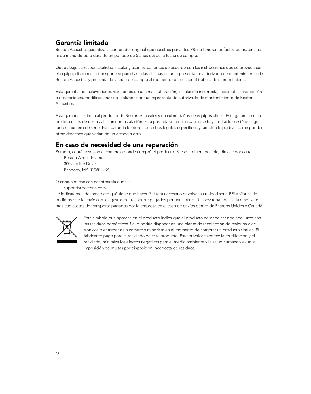 Boston Acoustics PRI685CV, PRI85SUBCV, PRI665CV owner manual Garantía limitada, En caso de necesidad de una reparación 