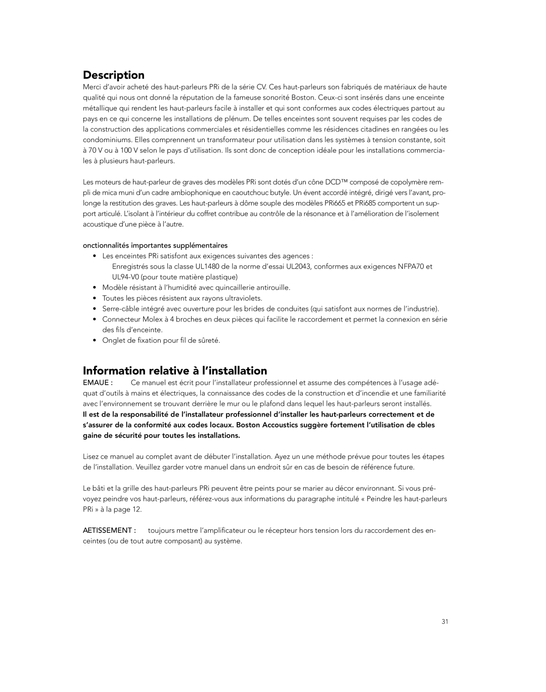 Boston Acoustics PRI685CV, PRI85SUBCV, PRI665CV owner manual Description, Information relative à l’installation 