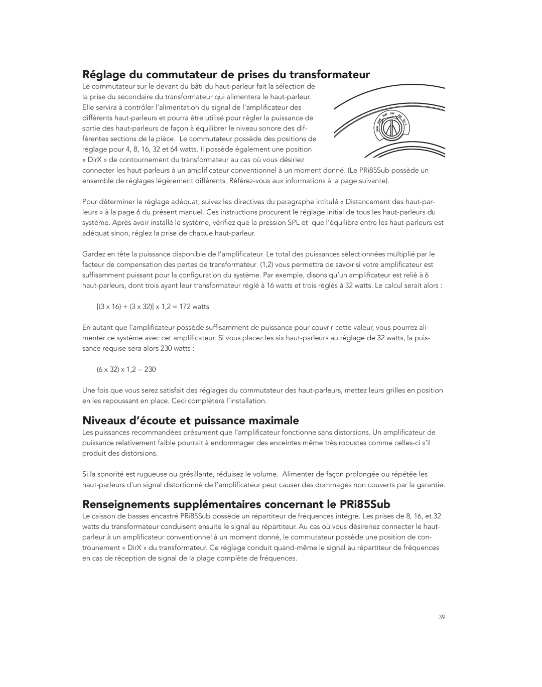 Boston Acoustics PRI85SUBCV Réglage du commutateur de prises du transformateur, Niveaux d’écoute et puissance maximale 