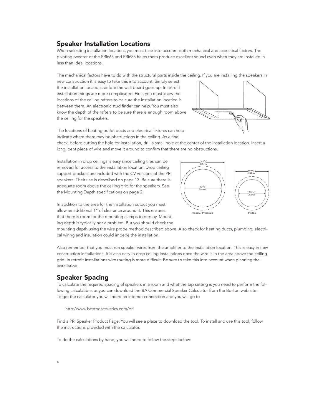 Boston Acoustics PRI685CV, PRI85SUBCV, PRI665CV owner manual Speaker Installation Locations, Speaker Spacing 