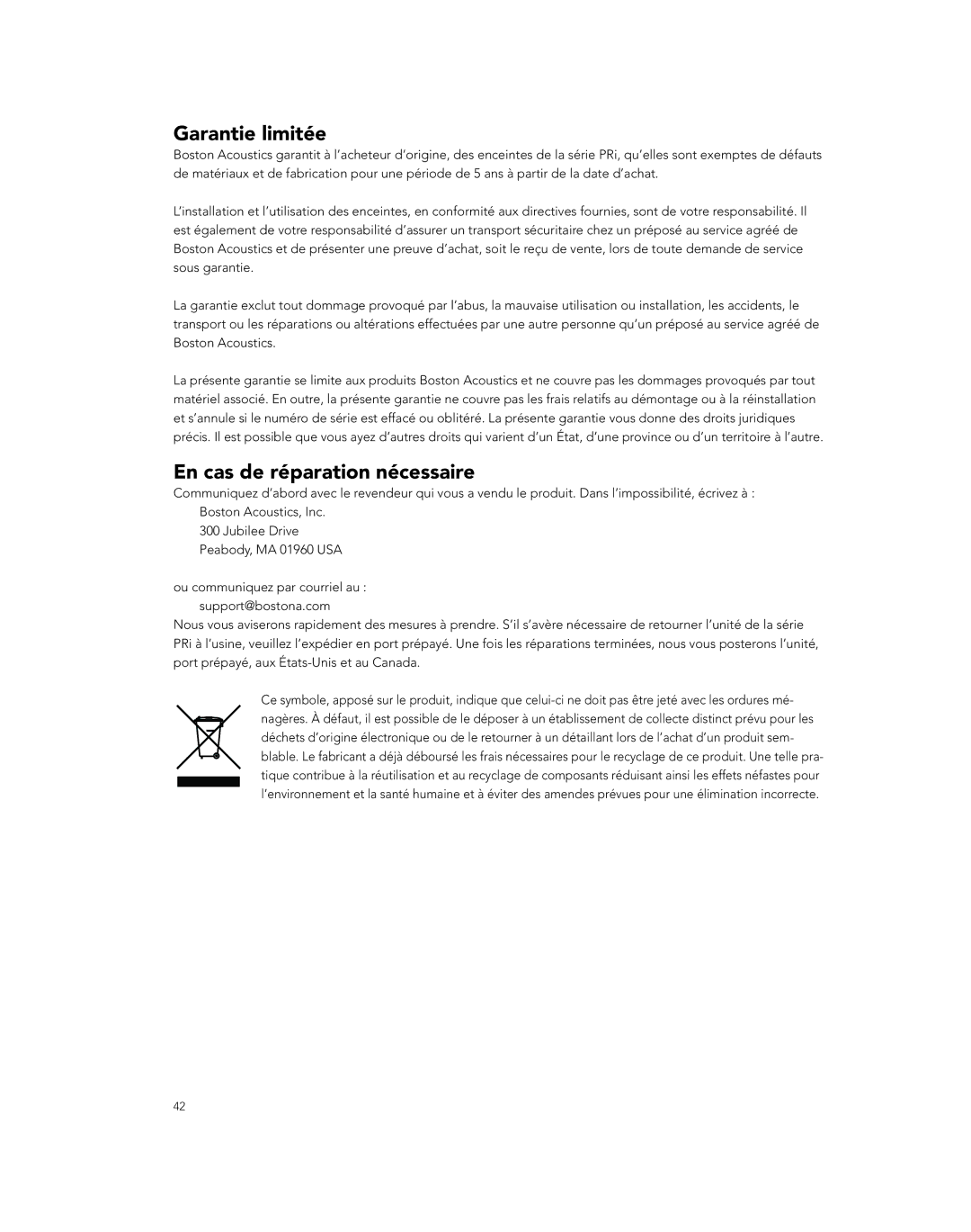 Boston Acoustics PRI85SUBCV, PRI685CV, PRI665CV owner manual Garantie limitée, En cas de réparation nécessaire 