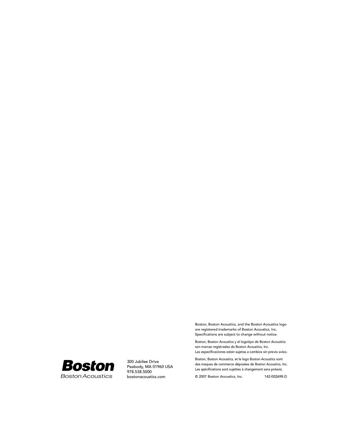 Boston Acoustics PRI665CV, PRI85SUBCV, PRI685CV owner manual Boston Acoustics, Inc 142-002698-D 