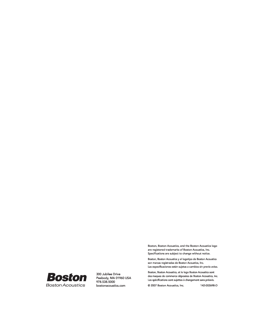 Boston Acoustics PRI665CV, PRI85SUBCV, PRI685CV owner manual Boston Acoustics, Inc 