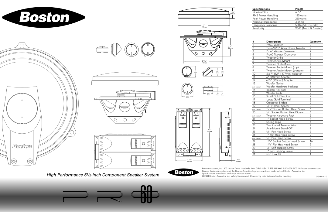 Boston Acoustics PRO60 specifications High Performance 61/2-inch Component Speaker System 