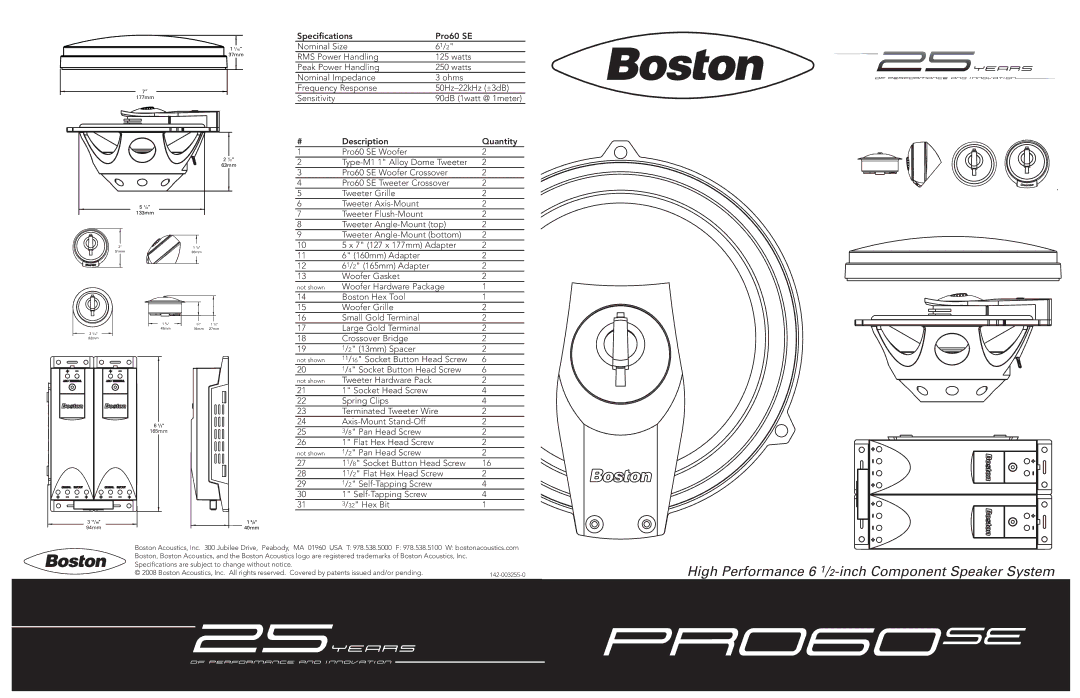 Boston Acoustics PRO60SE specifications High Performance 6 1/2-inch Component Speaker System 