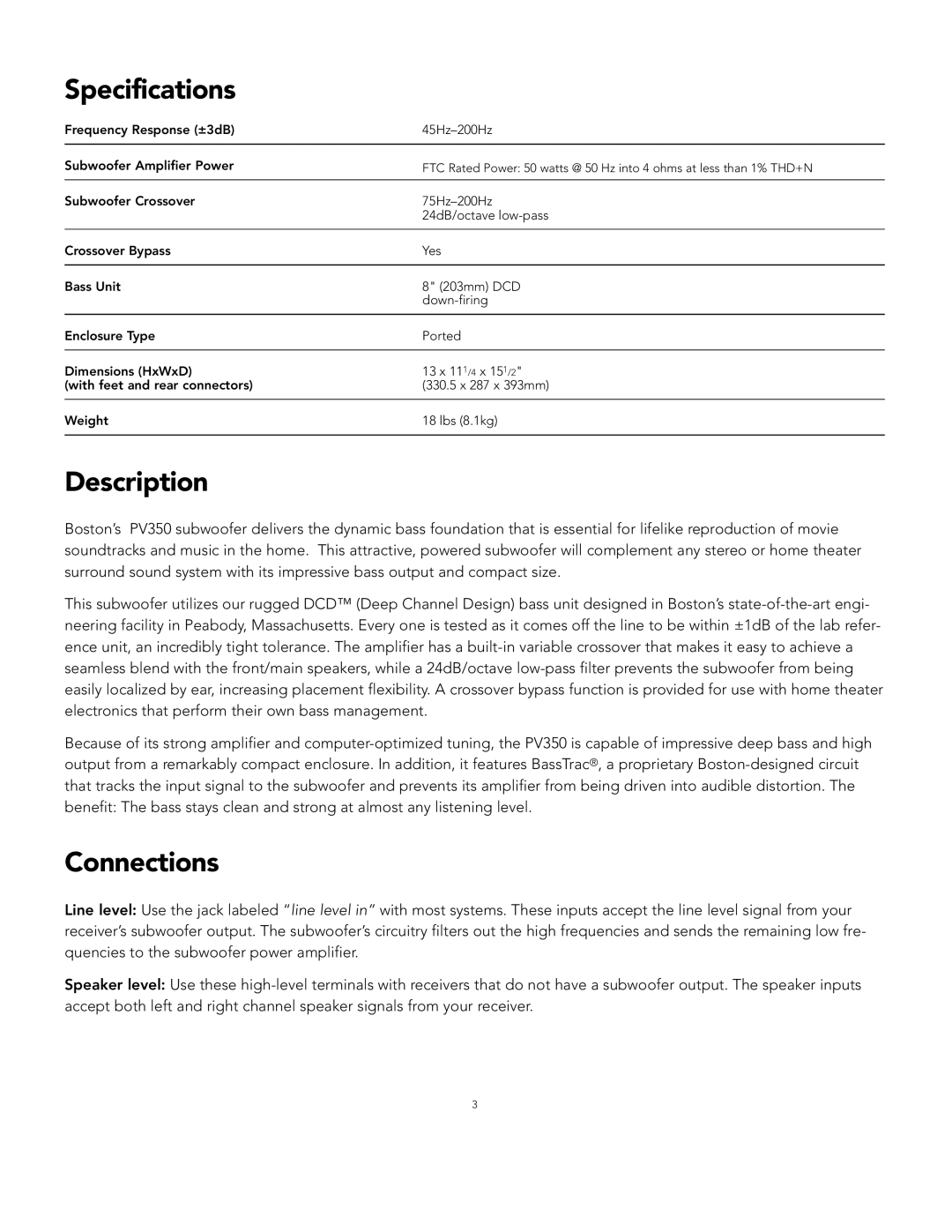 Boston Acoustics PV350 manual Specification s, S c r i p t i o n, N n e c t i o n s 