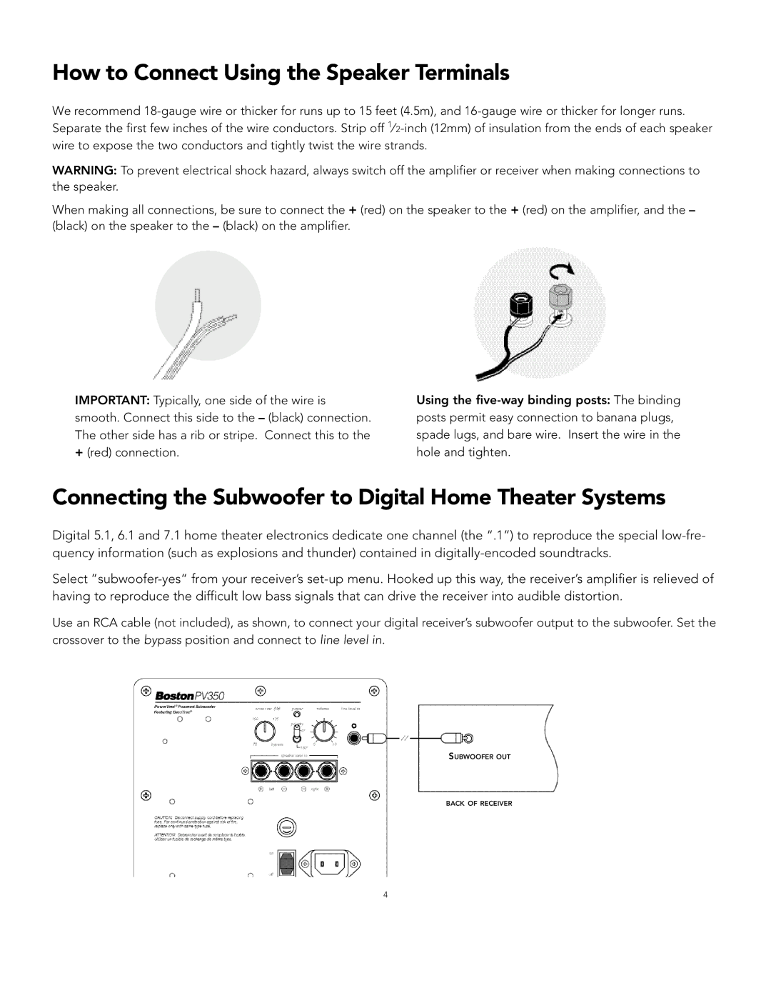 Boston Acoustics PV350 manual How to Connect Using the Speaker Te rm i n a l s 