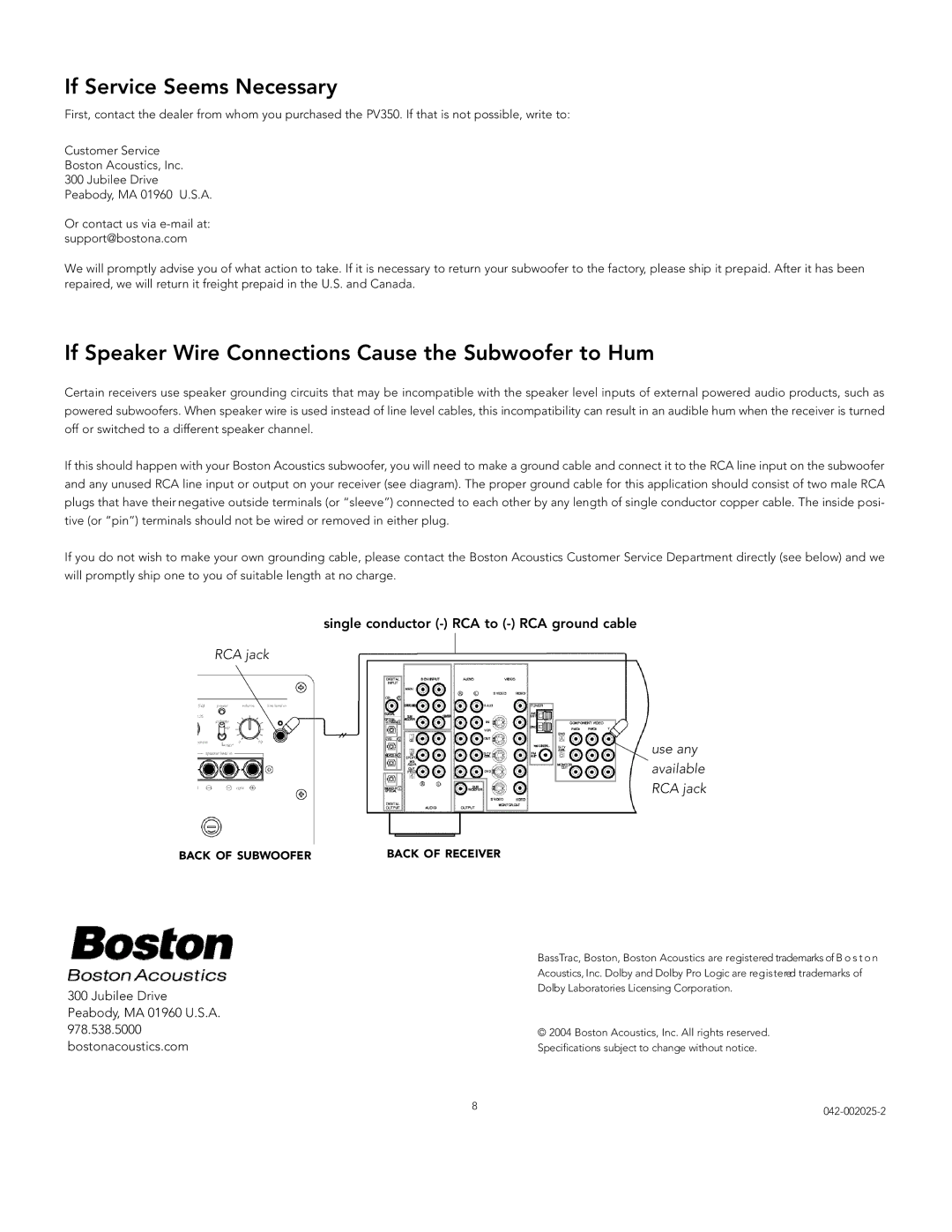 Boston Acoustics PV350 manual If Service Seems Necessary 