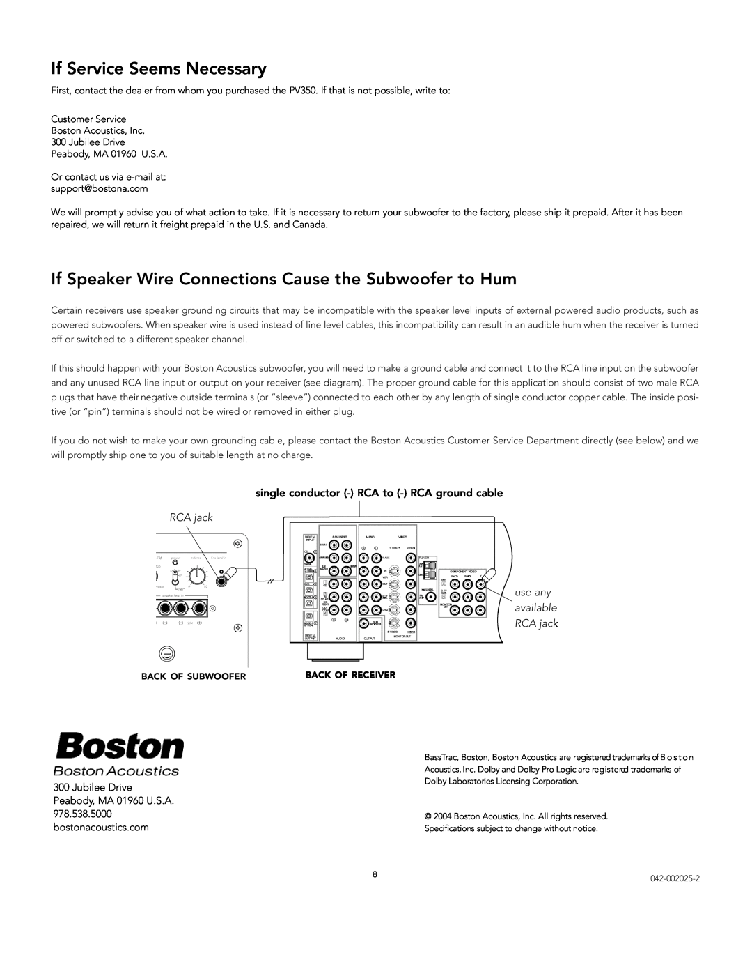 Boston Acoustics PV350 manual If Service Seems Necessary, If Speaker Wire Connections Cause the Subwoofer to Hum 
