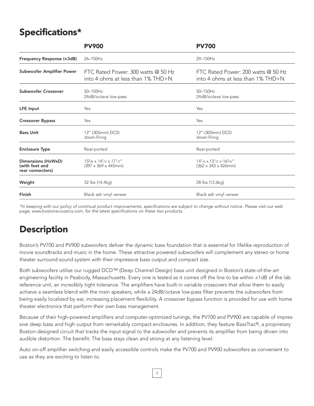 Boston Acoustics PV900, PV700 manual Specifications, Description 