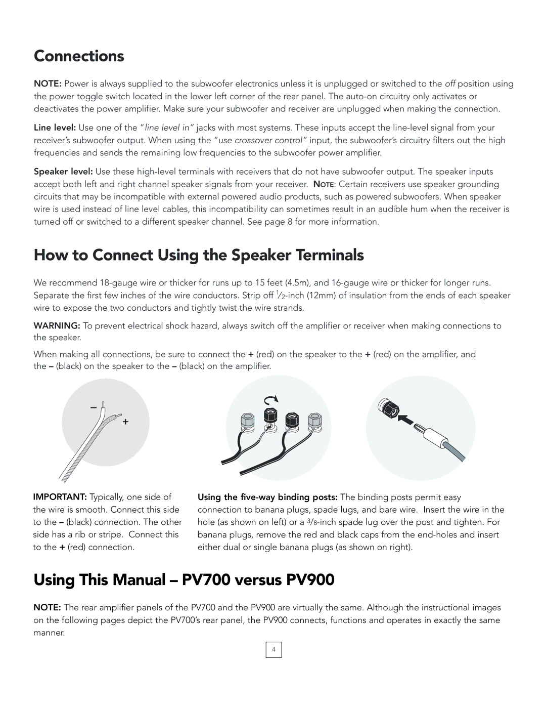 Boston Acoustics manual Connections, How to Connect Using the Speaker Terminals, Using This Manual PV700 versus PV900 