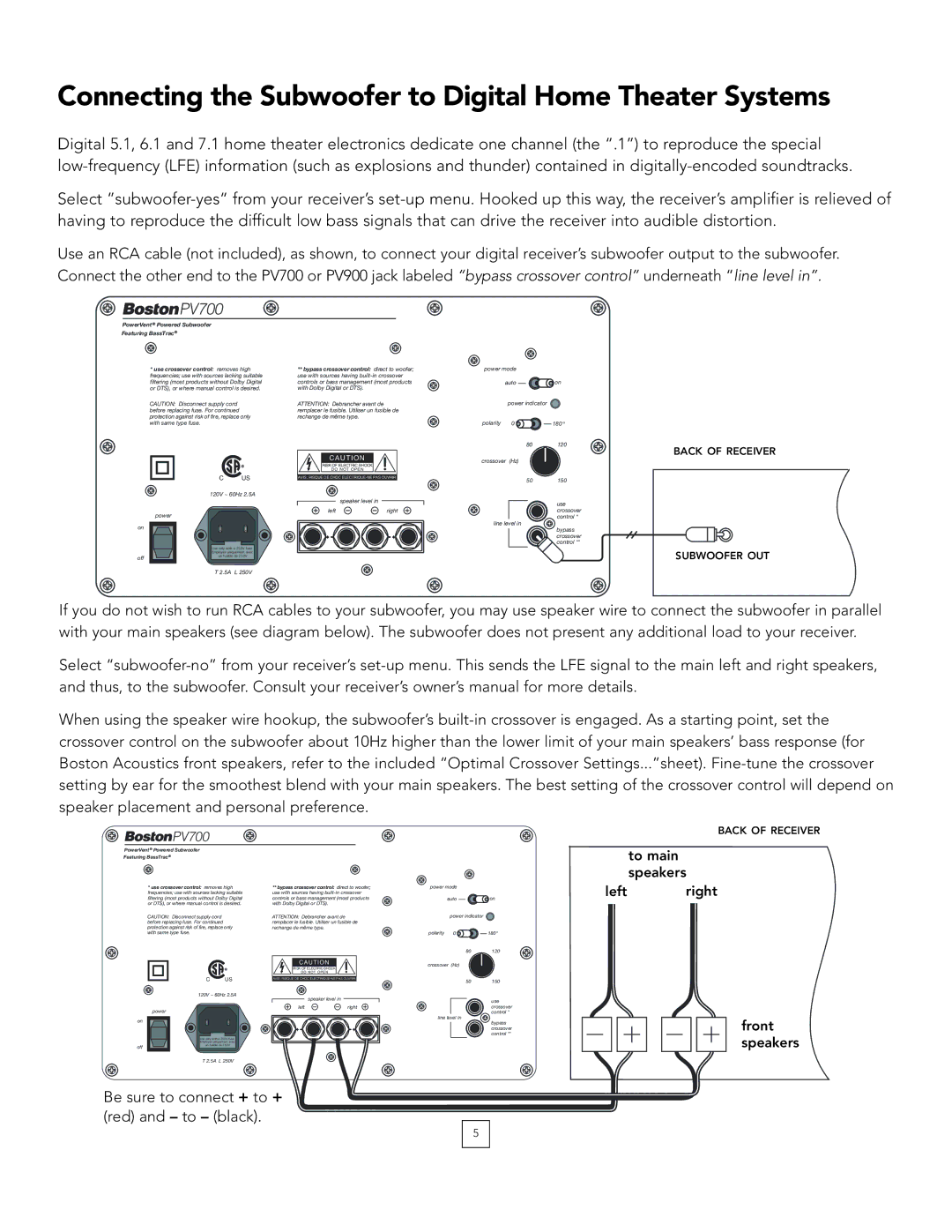 Boston Acoustics PV900 manual Connecting the Subwoofer to Digital Home Theater Systems, PV700 