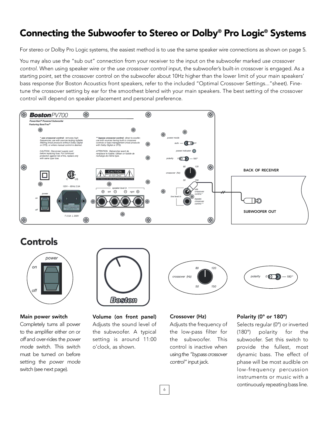 Boston Acoustics PV700, PV900 manual Controls 