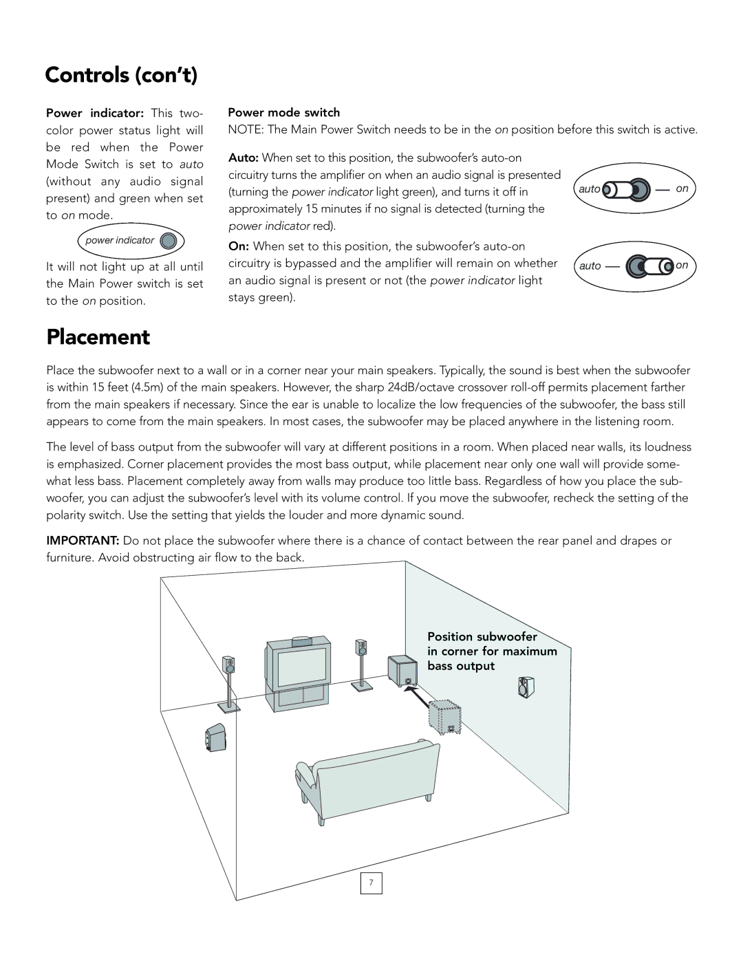 Boston Acoustics PV900, PV700 manual Controls con’t, Placement 