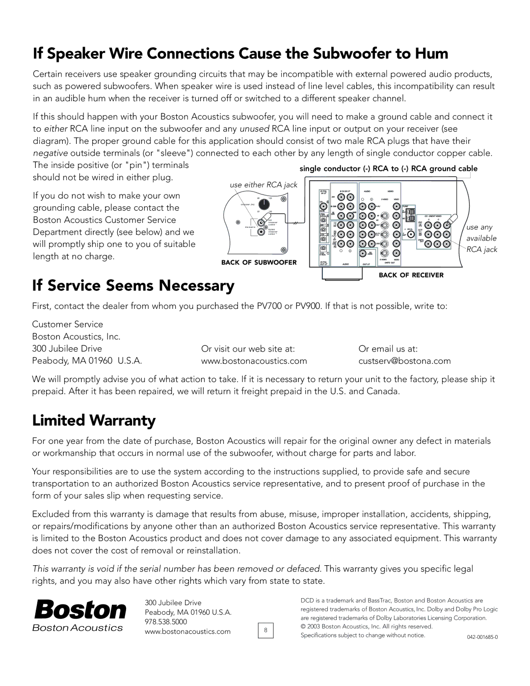 Boston Acoustics PV700, PV900 manual If Speaker Wire Connections Cause the Subwoofer to Hum, If Service Seems Necessary 