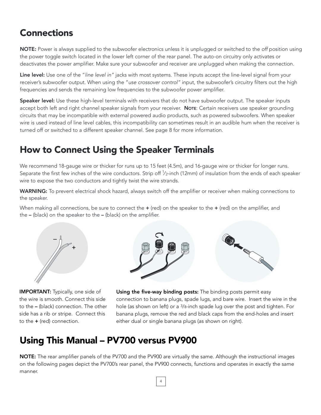 Boston Acoustics manual Connections, How to Connect Using the Speaker Terminals, Using This Manual - PV700 versus PV900 