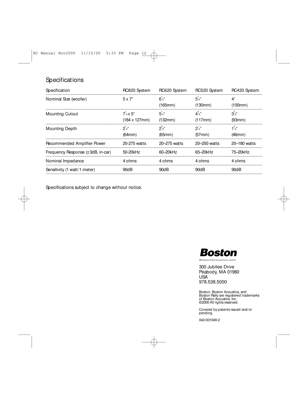 Boston Acoustics RC520, RC620, RC820, RC420 installation manual Specifications 